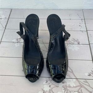 Tory Burch Black Croc-Embossed Patent Peep-Toe Slingbacks